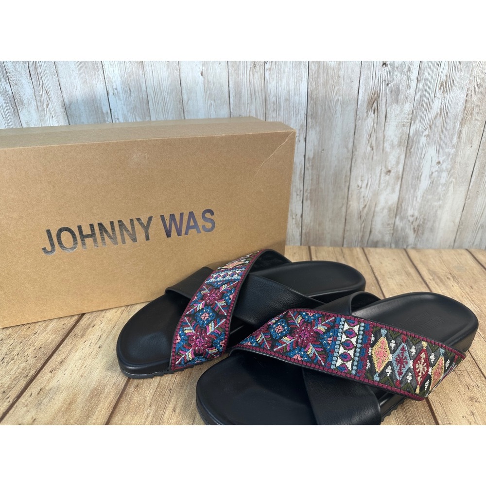 Johnny Was Beatriz‎ Black Leather Aztec Embroidered Cross Band Sandals size 38